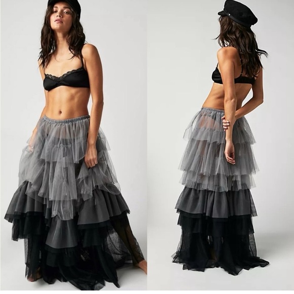 Free‎ People Tulle Much Tiered Ruffle Half Slip Maxi Skirt Gray Black